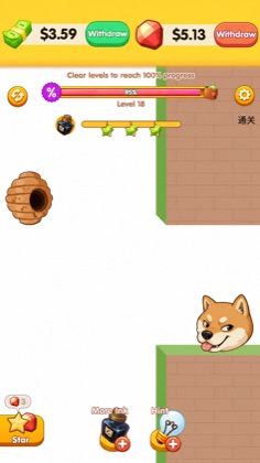 Lucky Doge on a brick ledge with a beehive nearby — Level 18