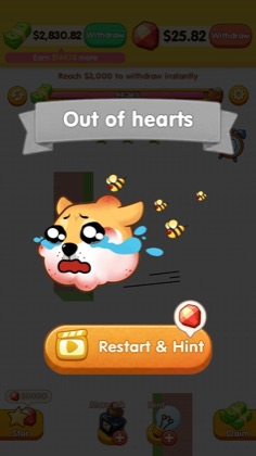 Out of hearts screen with Lucky Doge and bees